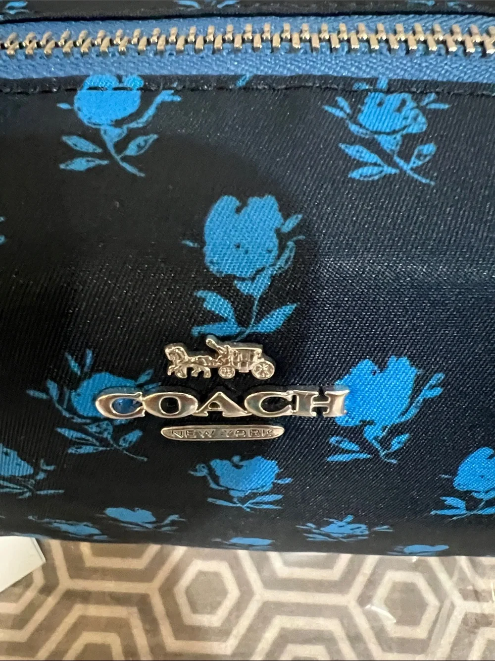 Coach Navy Cosmetic Pouch with Bright Blue Rose Print